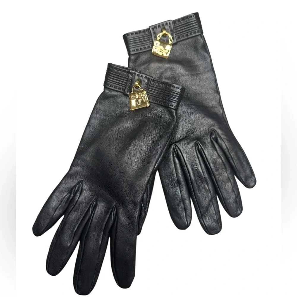Hermes Kelly Constance Gold Amulette Black Lambskin Leather Gloves Size XS 6.5